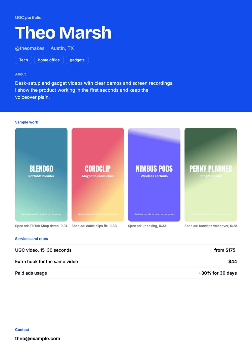 Sample UGC portfolio, Bold layout with a blue band, for the fictional tech creator Theo Marsh: four spec ads in one row and three services with rates.