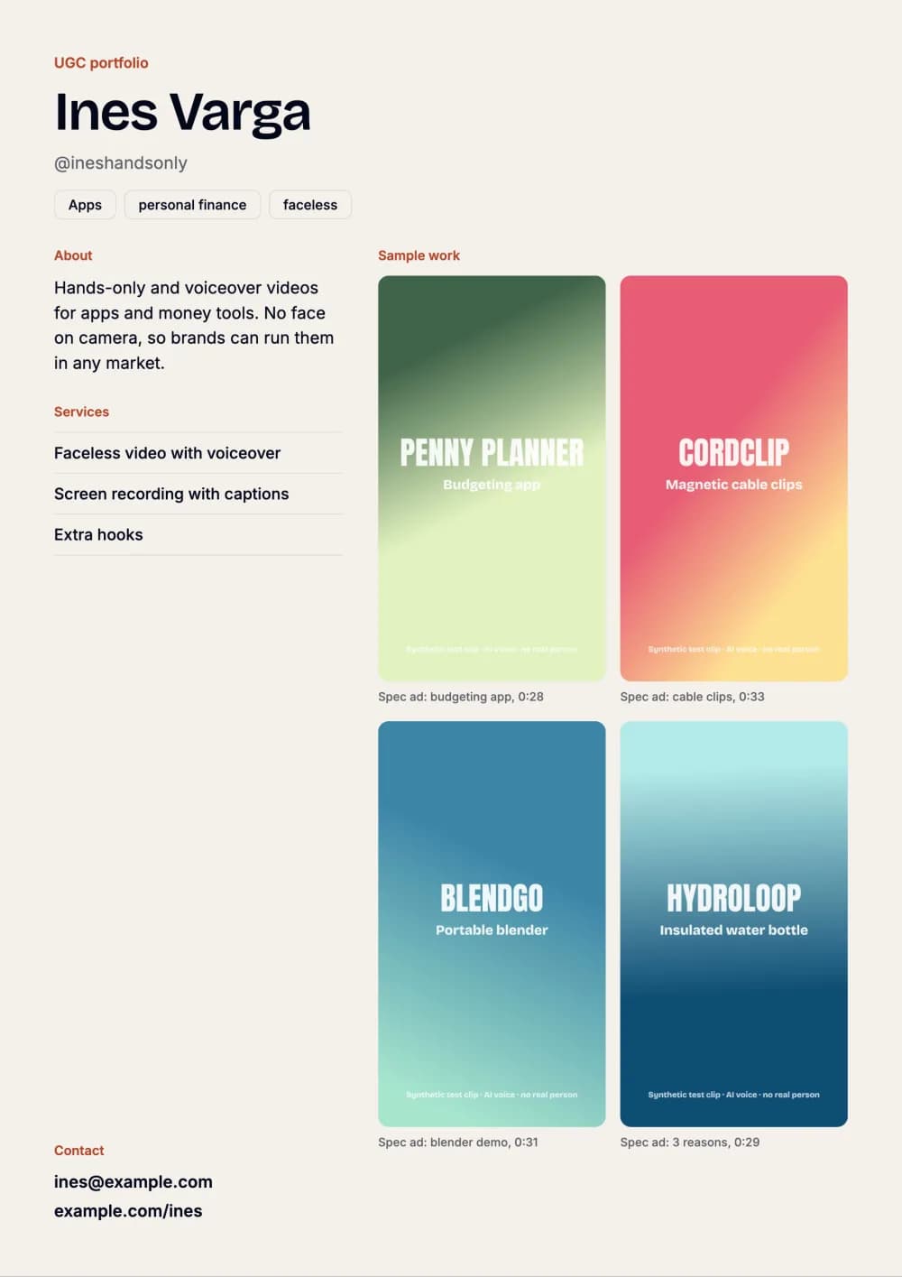 Sample UGC portfolio, Soft layout, for the fictional faceless creator Ines Varga: bio and services without rates on the left, four spec ads in a grid on the right.