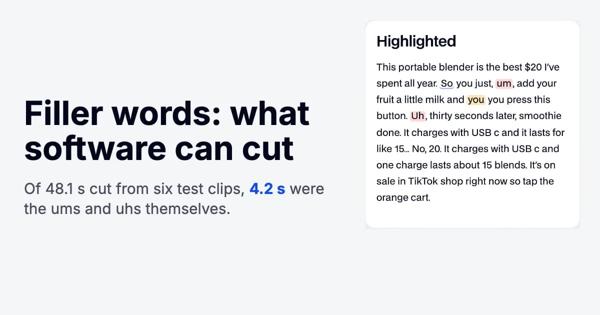 UGCLive's free filler counter highlighting um, uh and a stutter in a test transcript, next to the headline filler words: what software can cut