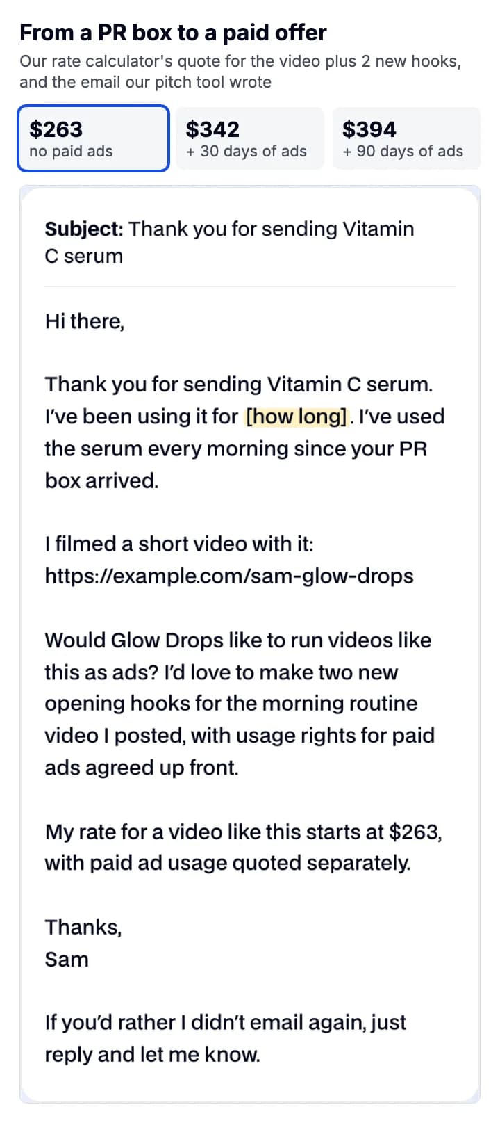 Three quote boxes, $263, $342 and $394, above a thank-you email for a free vitamin C serum that offers two new hooks for ads at a rate starting at $263