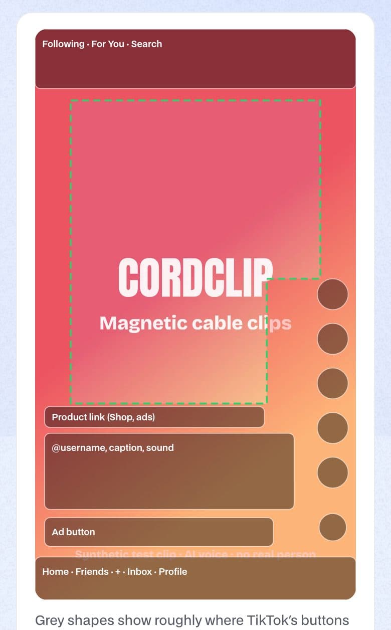 UGCLive's TikTok safe zone checker with a frame of a synthetic CordClip test clip: a dashed green safe area in the middle, TikTok's top bar, side buttons, caption area and bottom bar drawn over the frame, with the subtitle 'Magnetic cable clips' crossing into the button column.