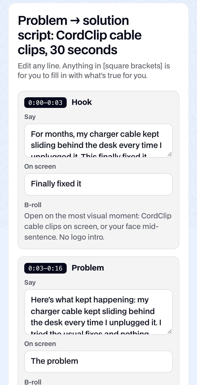 UGCLive's free script template on a phone screen, showing a 30-second problem and solution script for CordClip cable clips: a hook from 0:00 to 0:03 and a problem beat from 0:03 to 0:16, each with lines to say and on-screen text.