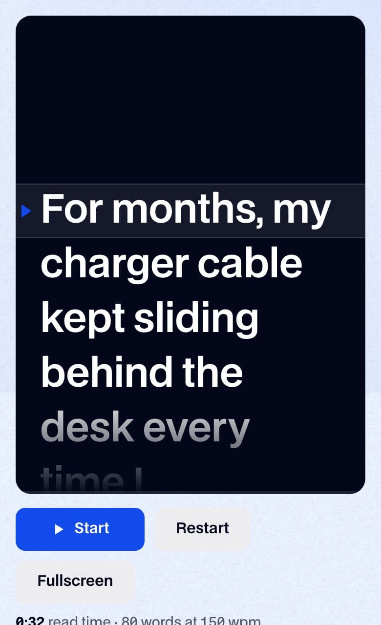 UGCLive's free online teleprompter on a phone screen, scrolling the CordClip script in large white text on black, with Start, Restart and Fullscreen buttons and a read time of 0:32 for 80 words at 150 words per minute.