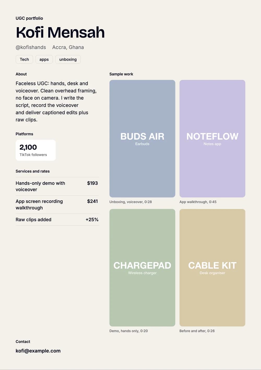 Sample UGC portfolio for Kofi Mensah, a fictional creator: four samples in a 2 by 2 grid (earbuds, a notes app, a wireless charger and a desk organiser), a bio saying he works with hands and voiceover only, and three prices.
