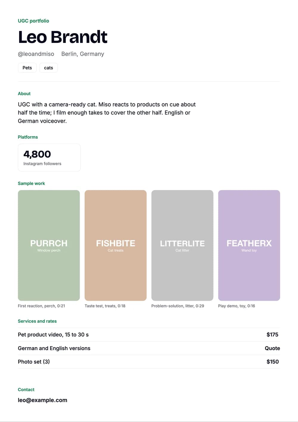 Sample UGC portfolio for Leo Brandt, a fictional creator: one platform with 4,800 Instagram followers, four pet product samples (a window perch, treats, cat litter and a wand toy) and three prices, including German and English versions as a quote.