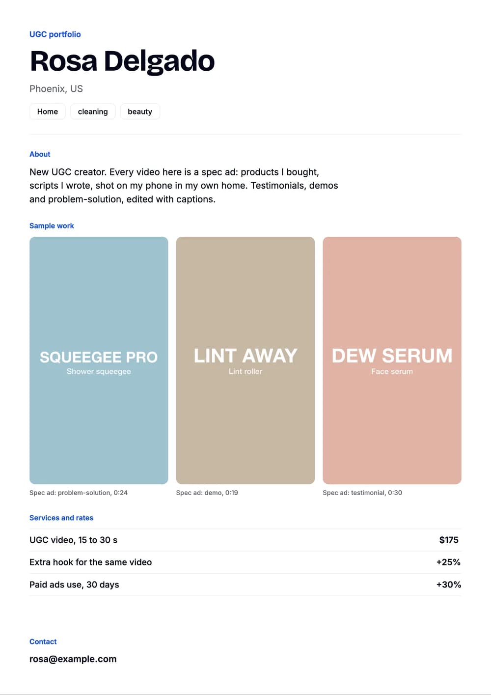 Sample UGC portfolio for Rosa Delgado, a fictional creator: three tall spec ads (a shower squeegee, a lint roller and a face serum), a bio saying every video is a spec ad, no follower numbers, and three prices.