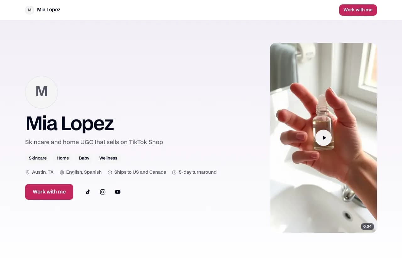 A sample public UGC portfolio page at ugc.live/mia.makes: the creator's name, headline, niche chips, location and a Work with me button beside a featured vertical video