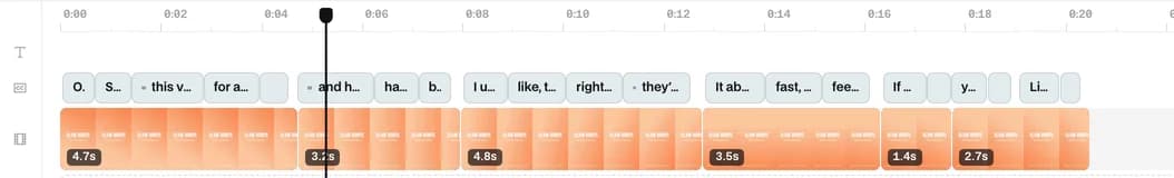 The same timeline after AI edit: six shorter pieces with gaps closed and a row of captions above them