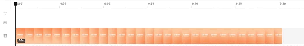 The web editor's timeline with the raw test clip as one 30-second piece and no captions