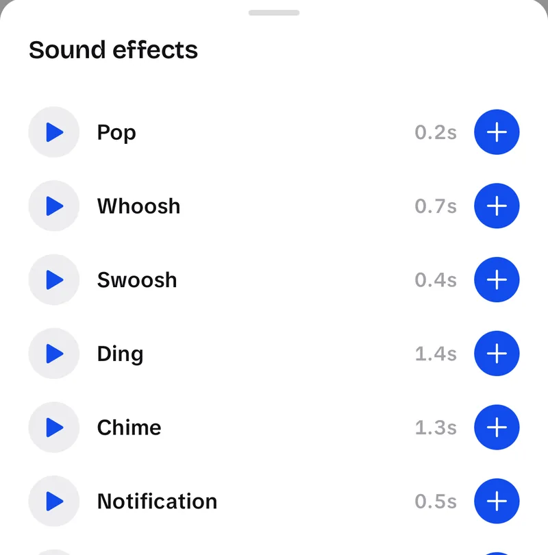 UGCLive's Sound effects library: Pop, Whoosh, Swoosh, Ding, Chime and Notification, each with play and add buttons