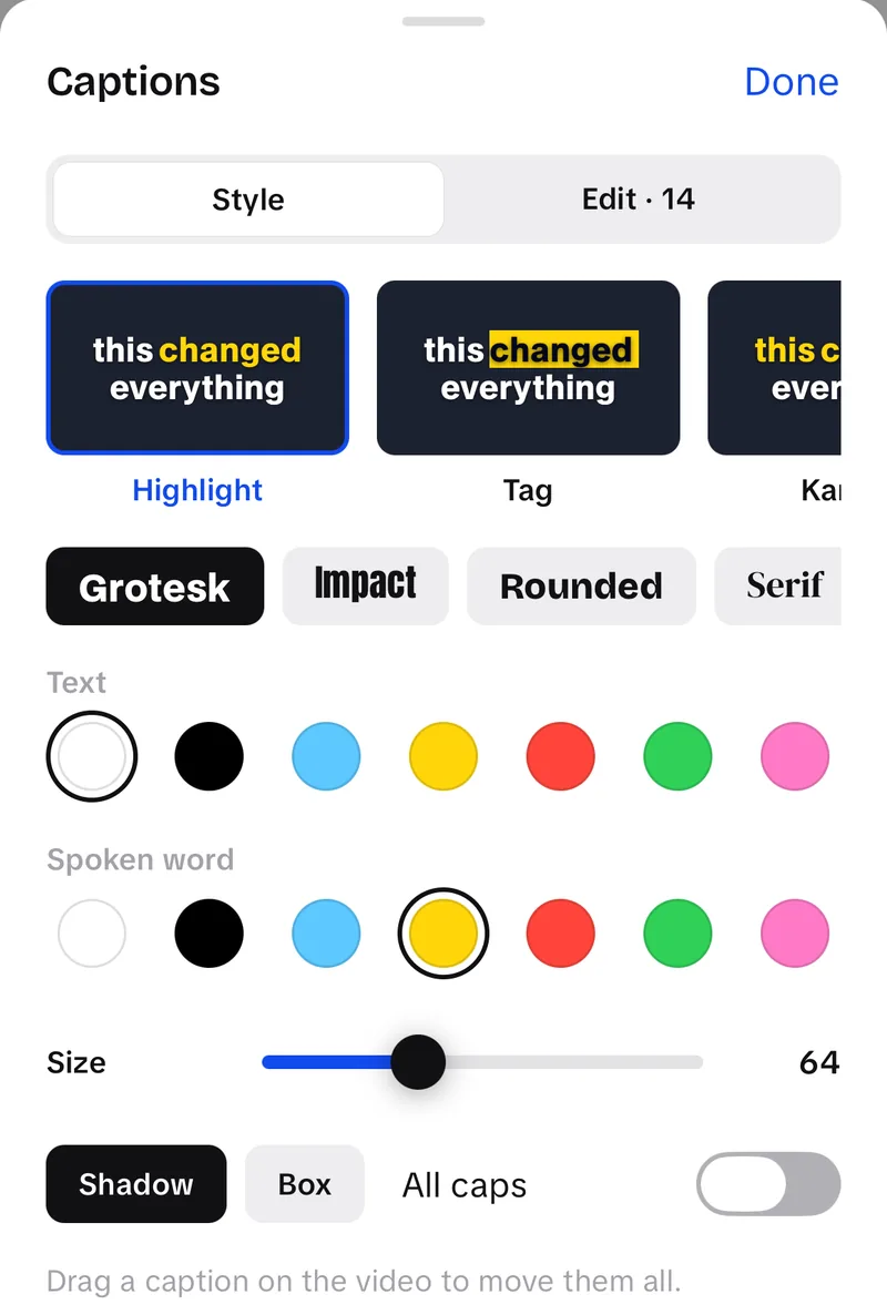 UGCLive's Captions sheet: Highlight, Tag and Karaoke styles, fonts, text and spoken-word colours, size and All caps