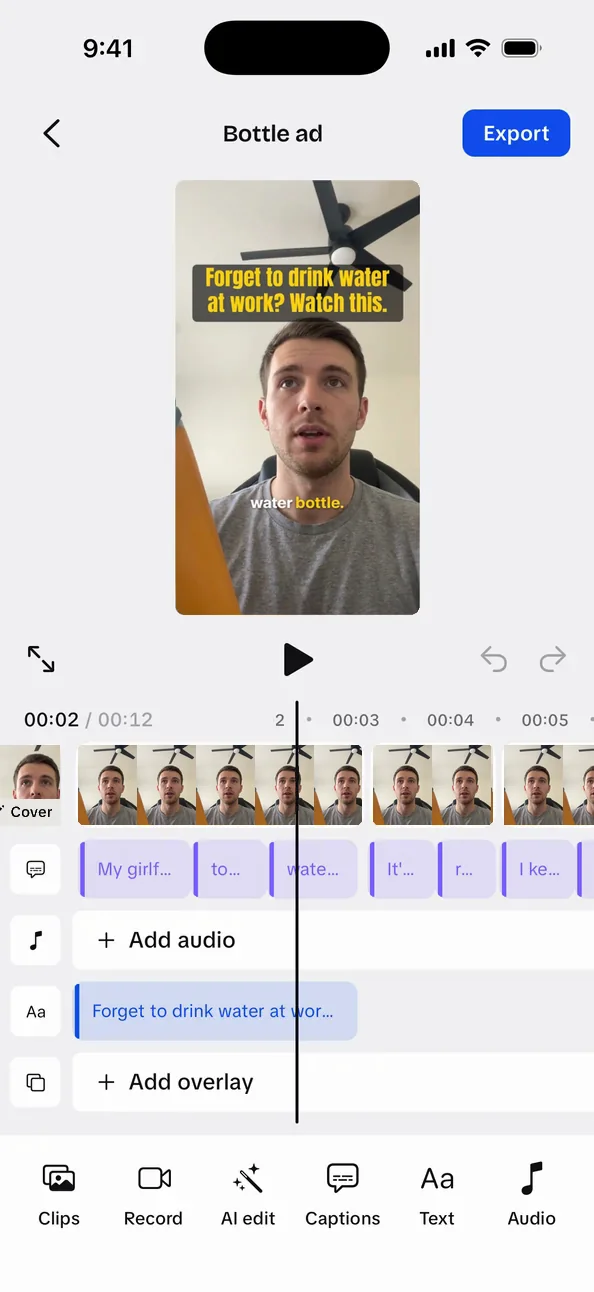 The UGCLive editor: a vertical video with a hook at the top and word-highlighted captions, above a timeline with cut clips, a captions lane and a text lane