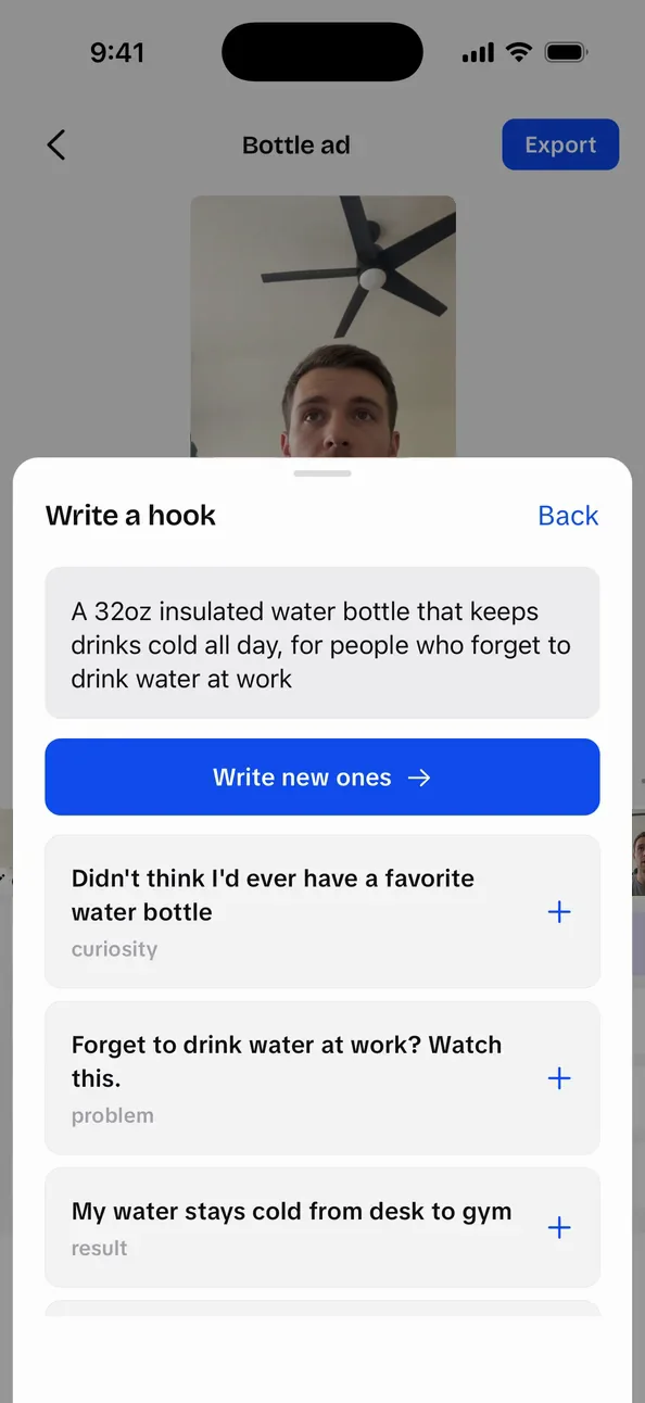 UGCLive's hook writer: a short product brief for a water bottle and the opening lines it wrote, each tagged with its angle