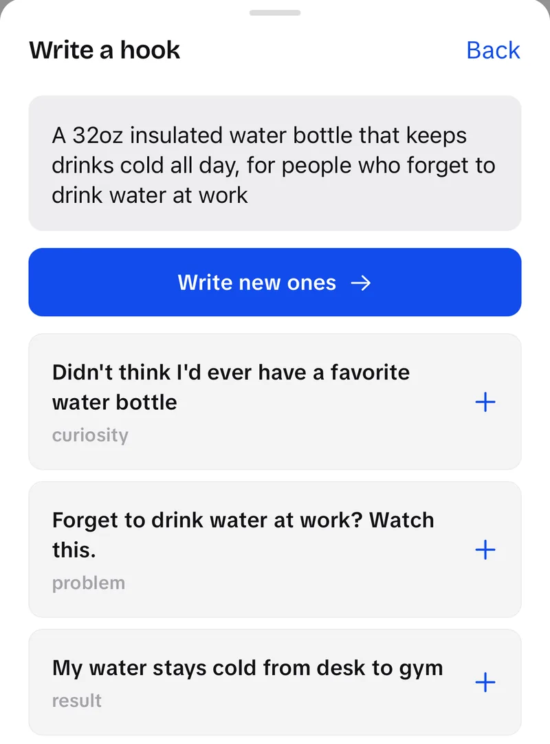 UGCLive's hook writer: a brief for an insulated water bottle and three hooks it wrote, tagged curiosity, problem and result