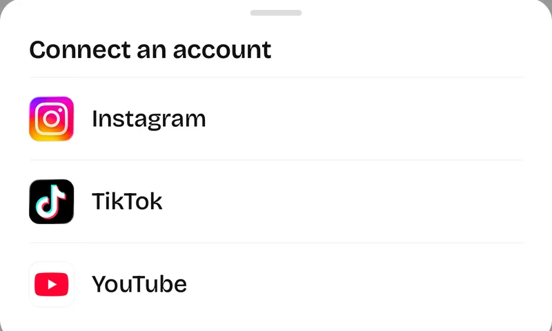 UGCLive's Connect an account menu listing Instagram, TikTok and YouTube