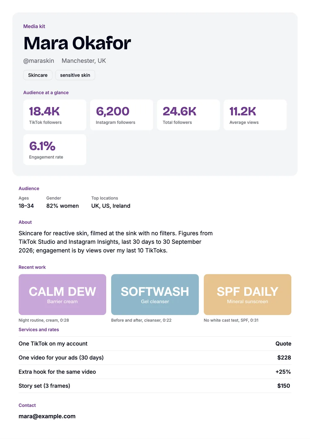 Sample media kit for Mara Okafor, a fictional skincare creator, with numbered pins on her follower and view figures, engagement rate, audience row, dated bio, recent work and rate card.