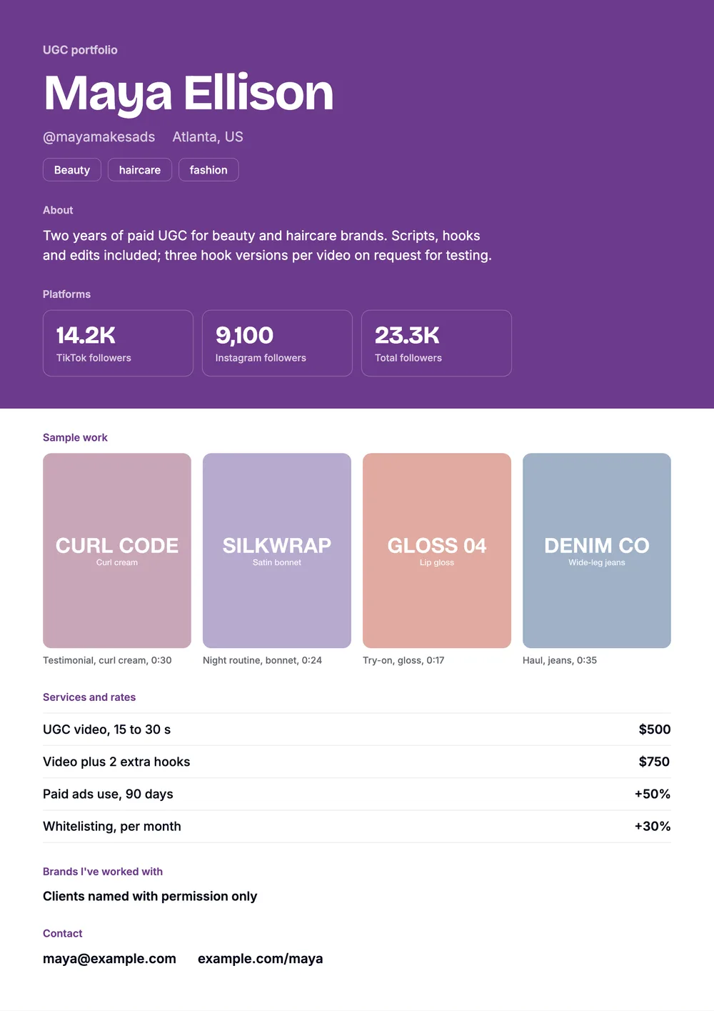 A sample one-page UGC portfolio for a made-up beauty creator, with followers, four sample videos and a rate list