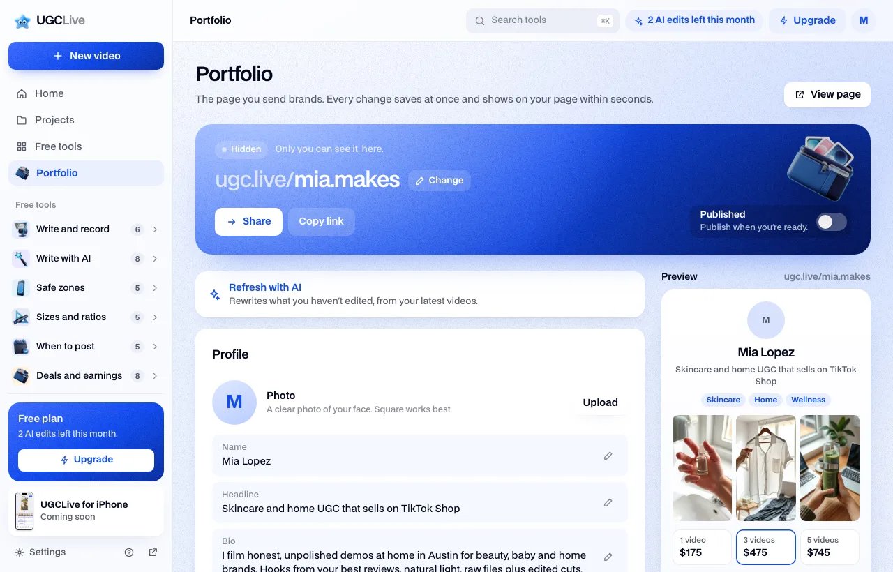 The UGCLive portfolio builder in a browser: the link ugc.live/mia.makes with Share, Copy link and a Published switch, the profile and video sections, and a preview of the page beside them